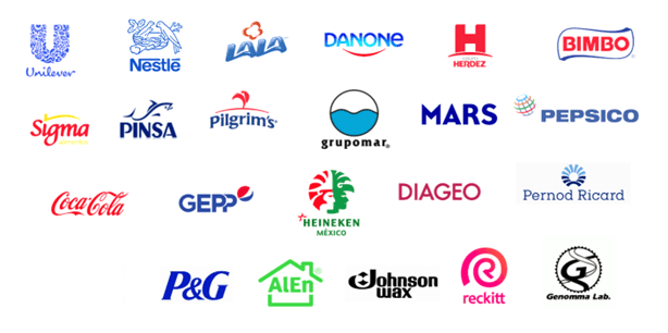 Clientes: Unilever, Nestlé, LALA, Danone, Herdez, Bimbo, Sigma, PINSA, Pilgrim's, Grupomar, Mars, PepsiCo, Coca-Cola, GEPP, Heineken, Diageo, Pernod Ricard, P&G, Alen, Johnson Wax, Reckitt, Genomma Lab